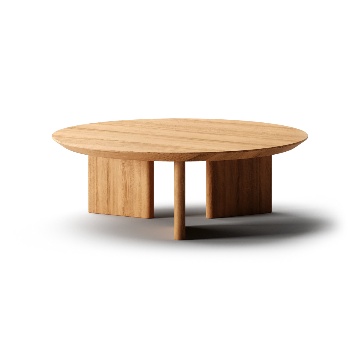 Noah round solid oak coffee table in Clear Oak with three broad wood legs