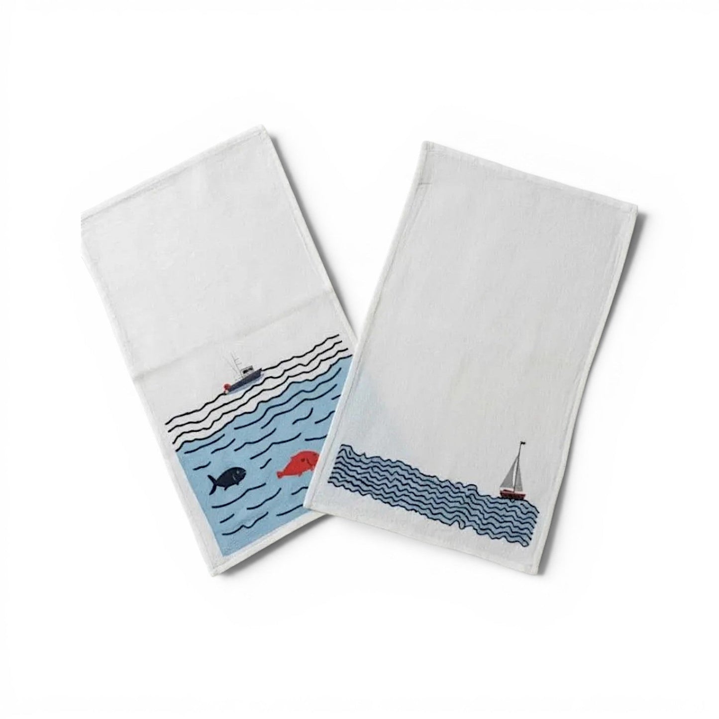 Coastal Sailboat Fish Tea Towels - American Made Cotton Kitchen Linens, Beach House Decor