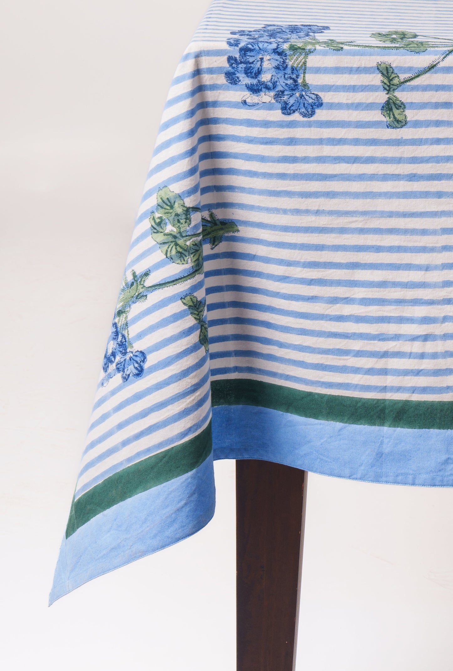 Blue Hydrangea Blockprint Tablecloth - Coastal Artisan Cotton Table Linen, Beach House Dining