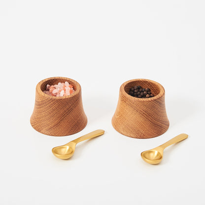 Belfort French Oak Pinch Bowls with Brass Spoons, Set of 2