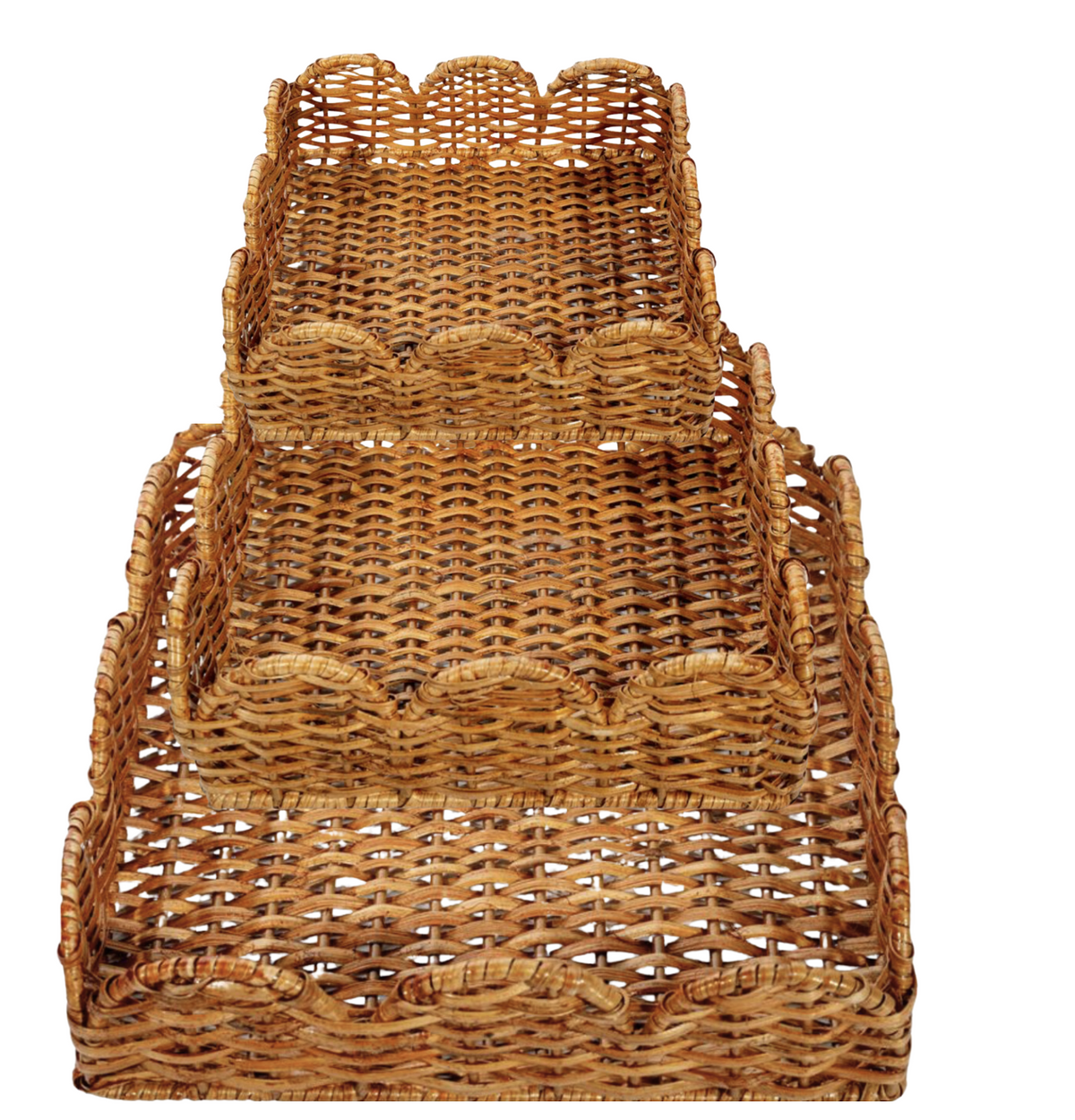 Handcrafted woven wicker baskets with scalloped edges