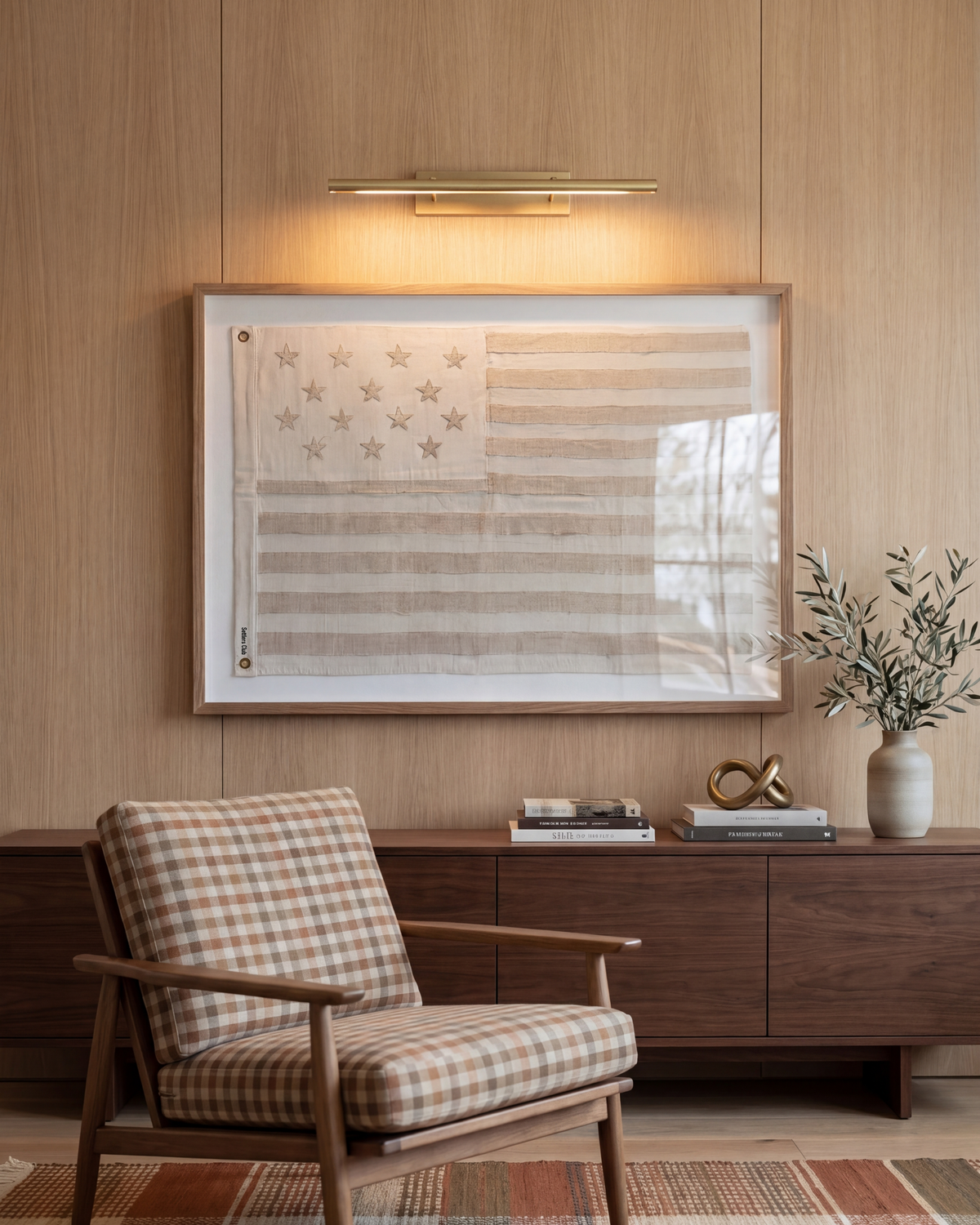 Framed neutral American flag above a wood credenza beside a checked chair, illuminated by a picture light.