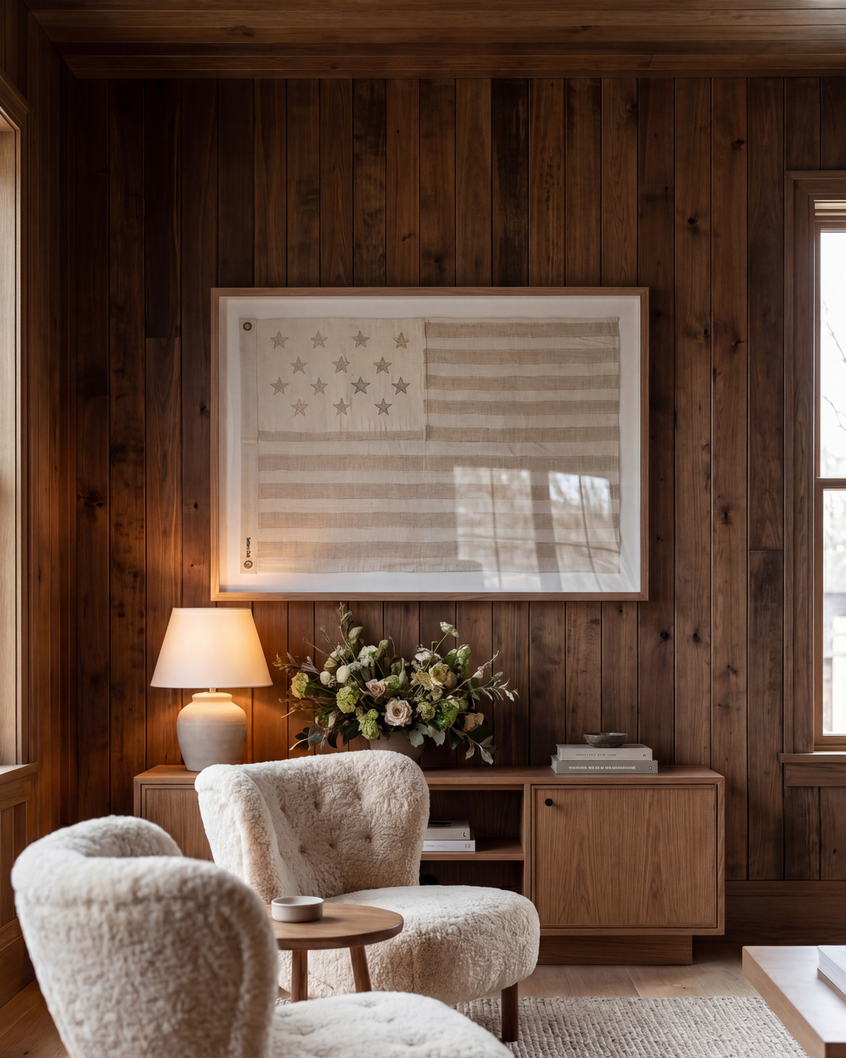 Framed sand-toned American flag above a cabinet in a wood-paneled room with cream armchairs.