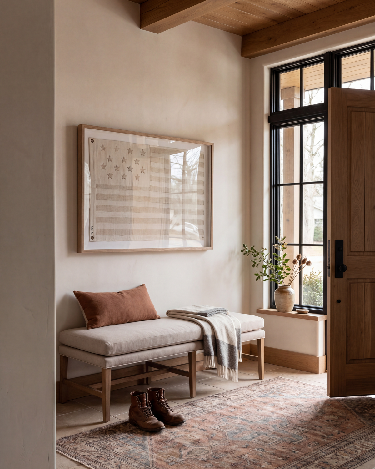 Framed neutral American flag above an upholstered entryway bench beside a tall window.