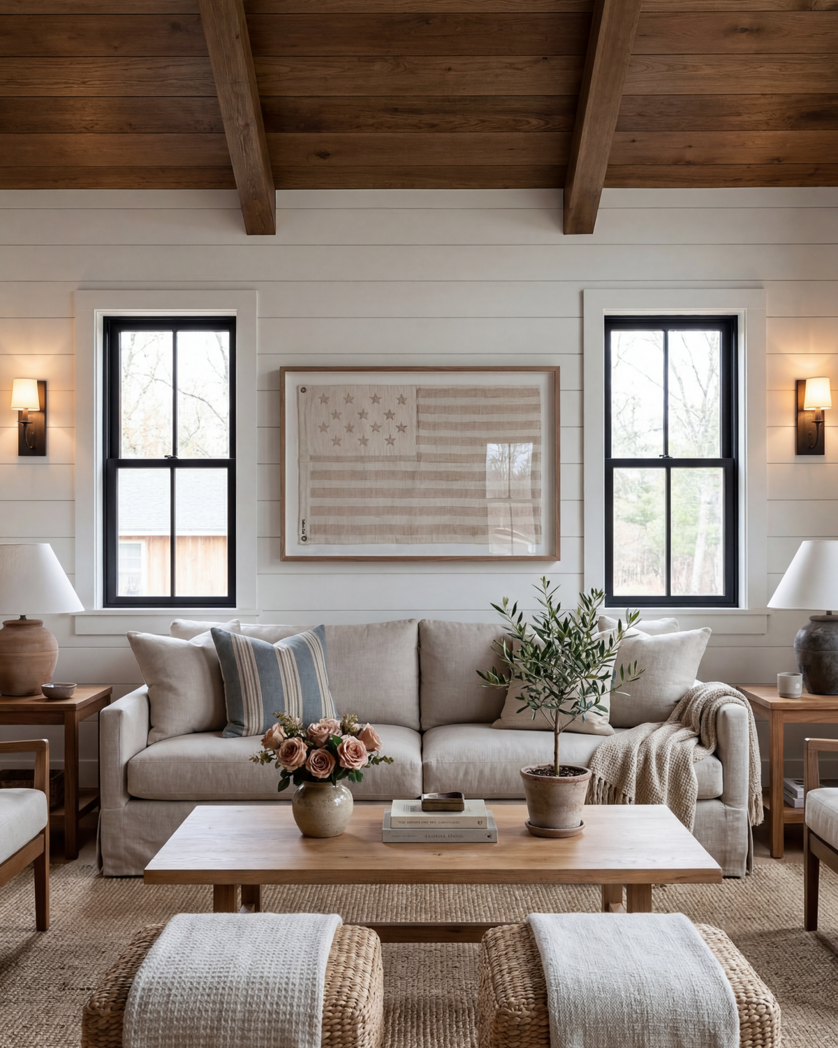 Framed neutral American flag centered between two windows above a cream sofa in a living room with wood ceiling beams.