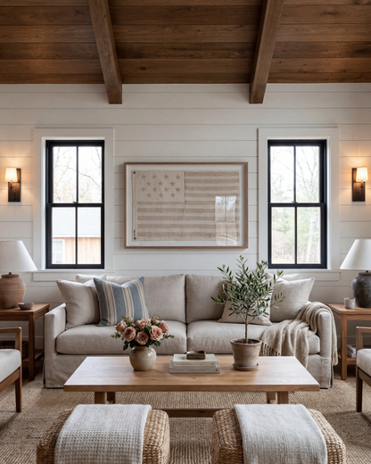 Framed neutral American flag centered between two windows above a cream sofa in a living room with wood ceiling beams.