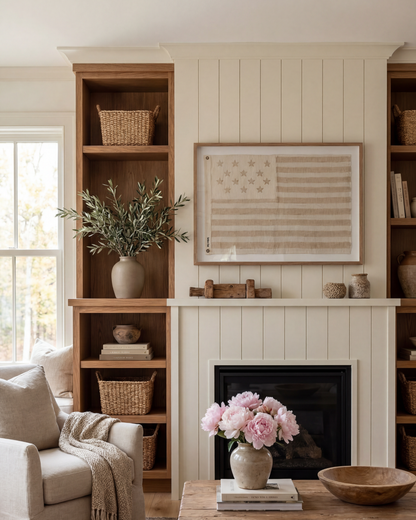 Framed neutral American flag above a fireplace flanked by wood shelves and woven baskets.