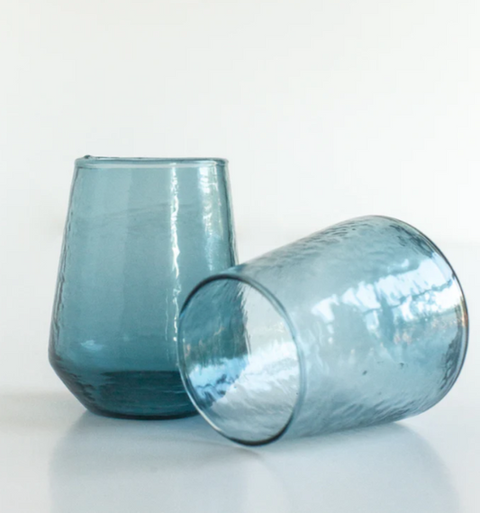 Set of 4 Handblown Hammered Glass Water Tumblers in Blue - Coastal Artisan Glassware, Beach House Entertaining