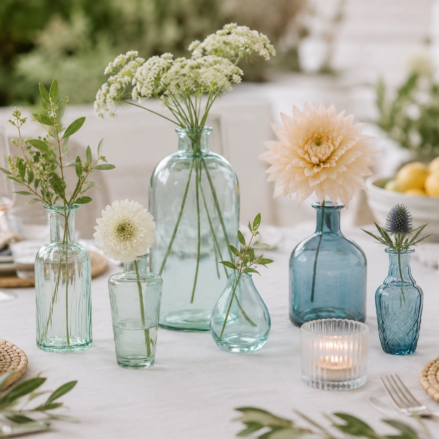 Assorted Blue and Green Glass Bud Vases