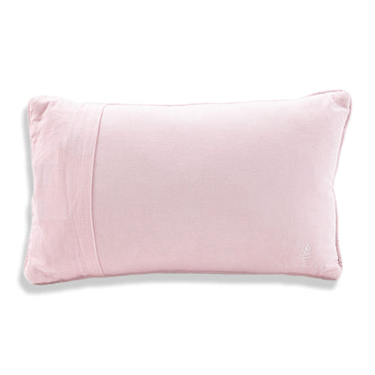 Pale pink cotton velvet back of the Holly Jolly Era needlepoint pillow