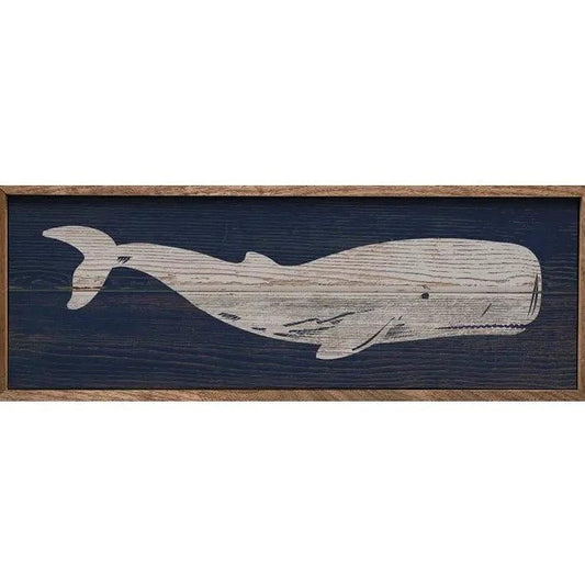 a wooden sign with a whale painted on it