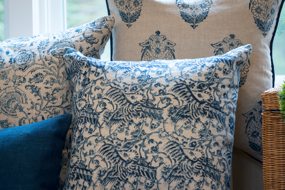 Indigo crane print linen throw pillow cover