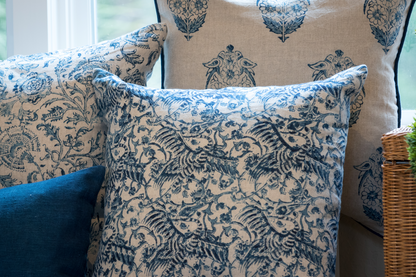 Indigo crane print linen throw pillow cover
