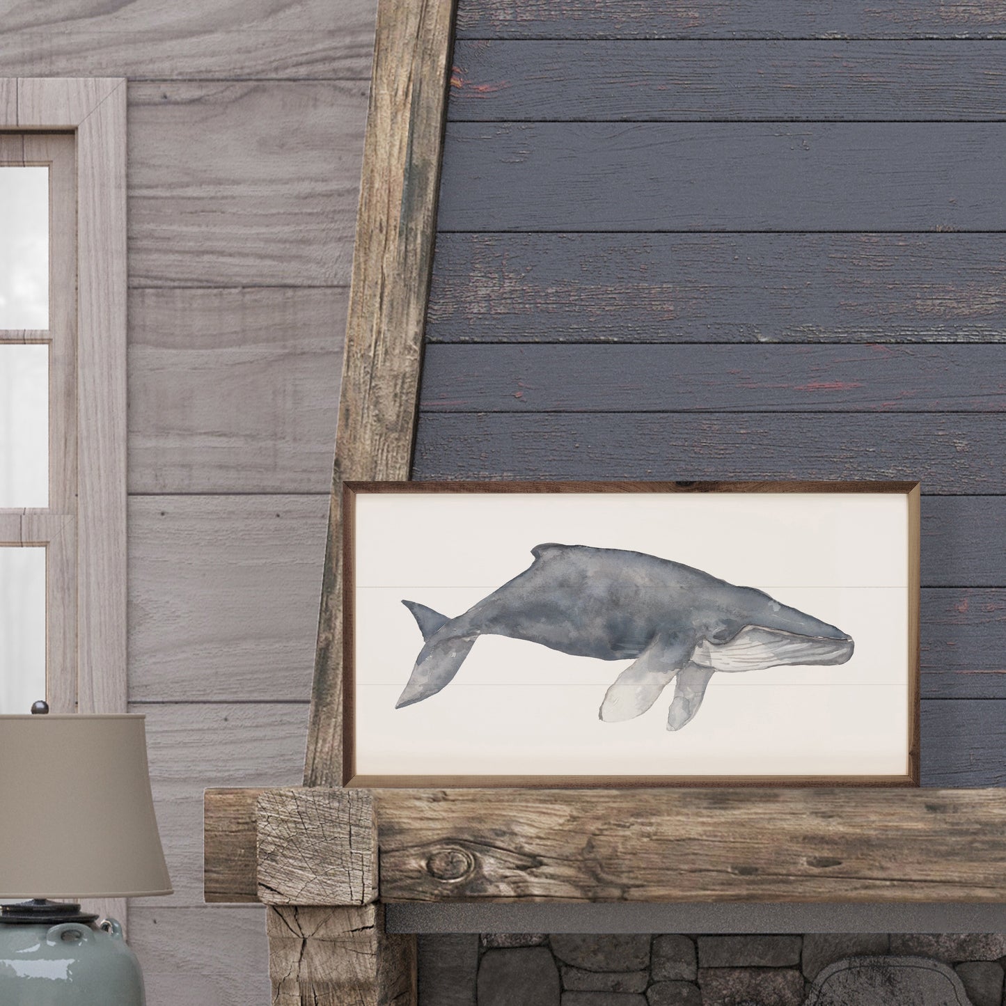 Watercolor Humpback Whale Painting by Emily Wood - Coastal Walnut Framed Hardwood Art, Beach House Wall Decor
