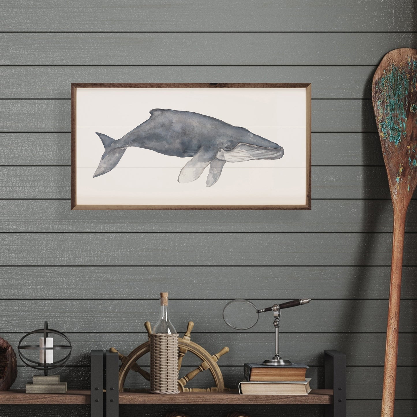 Watercolor Humpback Whale Painting by Emily Wood - Coastal Walnut Framed Hardwood Art, Beach House Wall Decor
