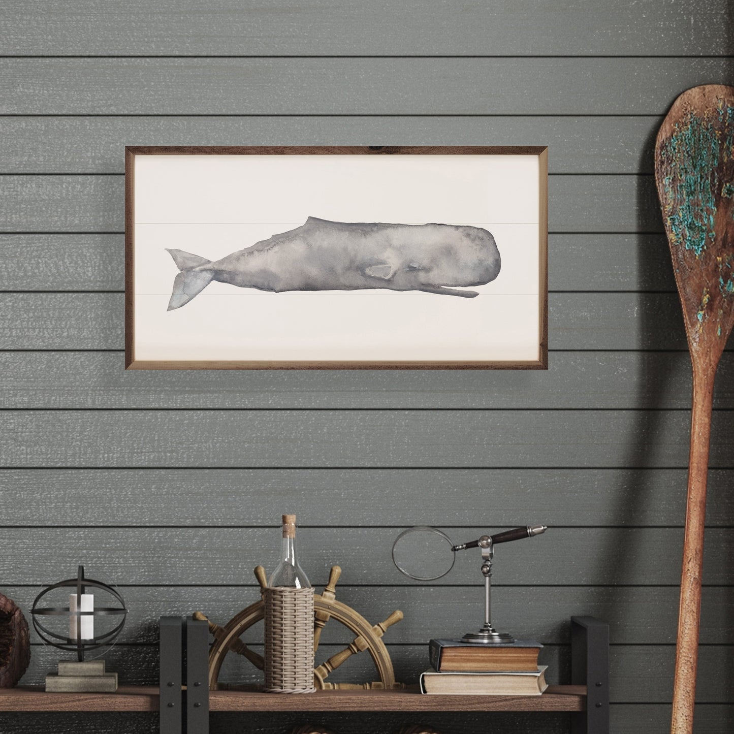 Watercolor Sperm Whale Painting by Emily Wood - Coastal Walnut Framed Hardwood Art, Beach House Wall Decor