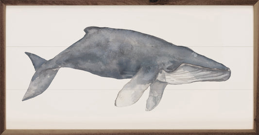 Watercolor Humpback Whale Painting by Emily Wood - Coastal Walnut Framed Hardwood Art, Beach House Wall Decor