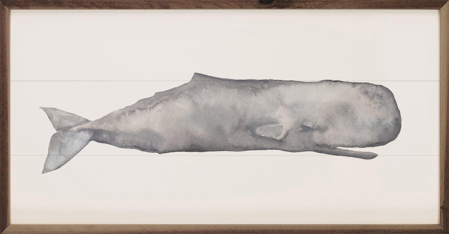 Watercolor Sperm Whale Painting by Emily Wood - Coastal Walnut Framed Hardwood Art, Beach House Wall Decor