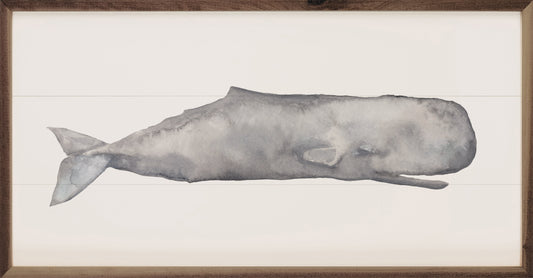 Watercolor Sperm Whale Painting by Emily Wood - Coastal Walnut Framed Hardwood Art, Beach House Wall Decor
