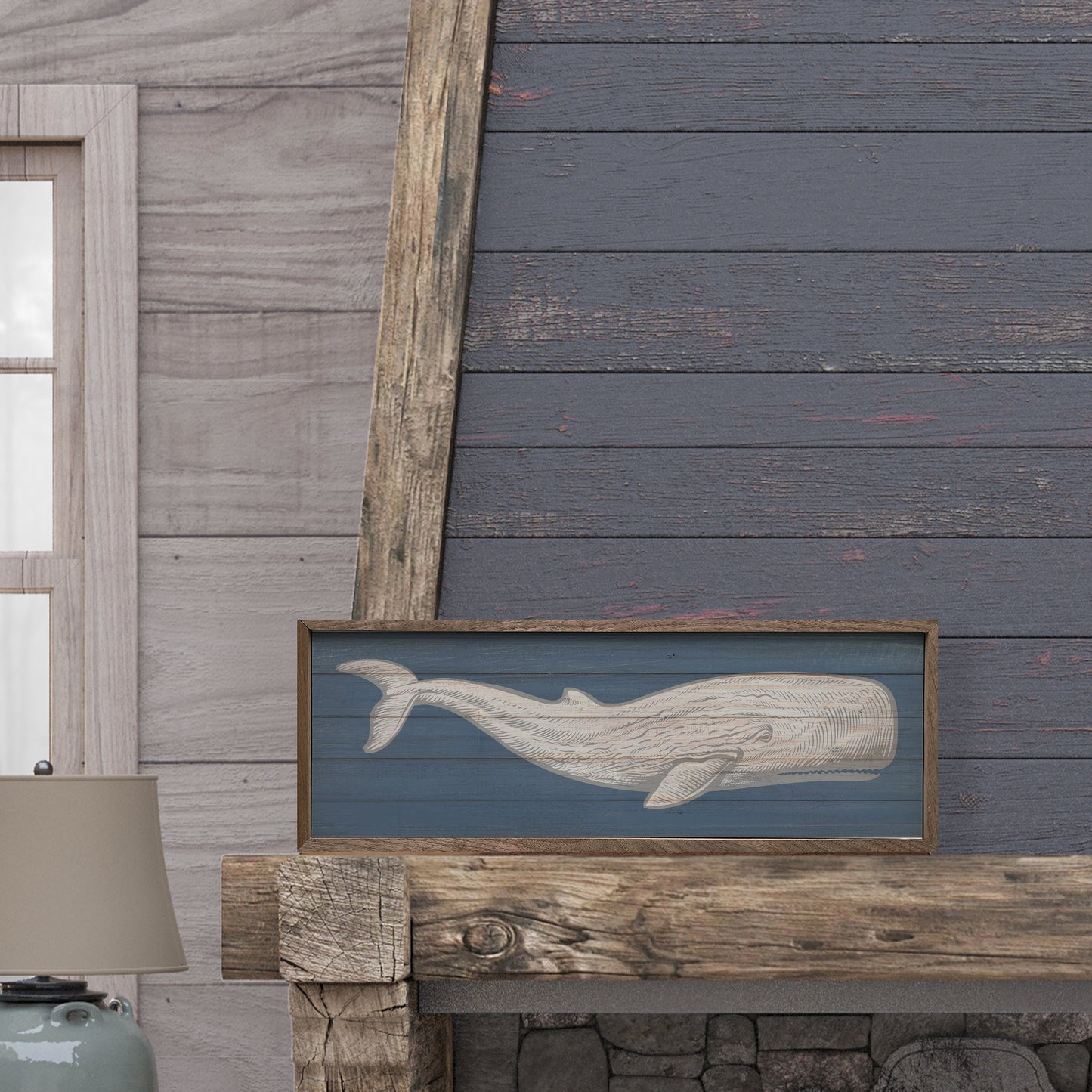 Whale Moby Dick Wall Art - Coastal Walnut Framed Hardwood Print, Beach House & Nautical Decor
