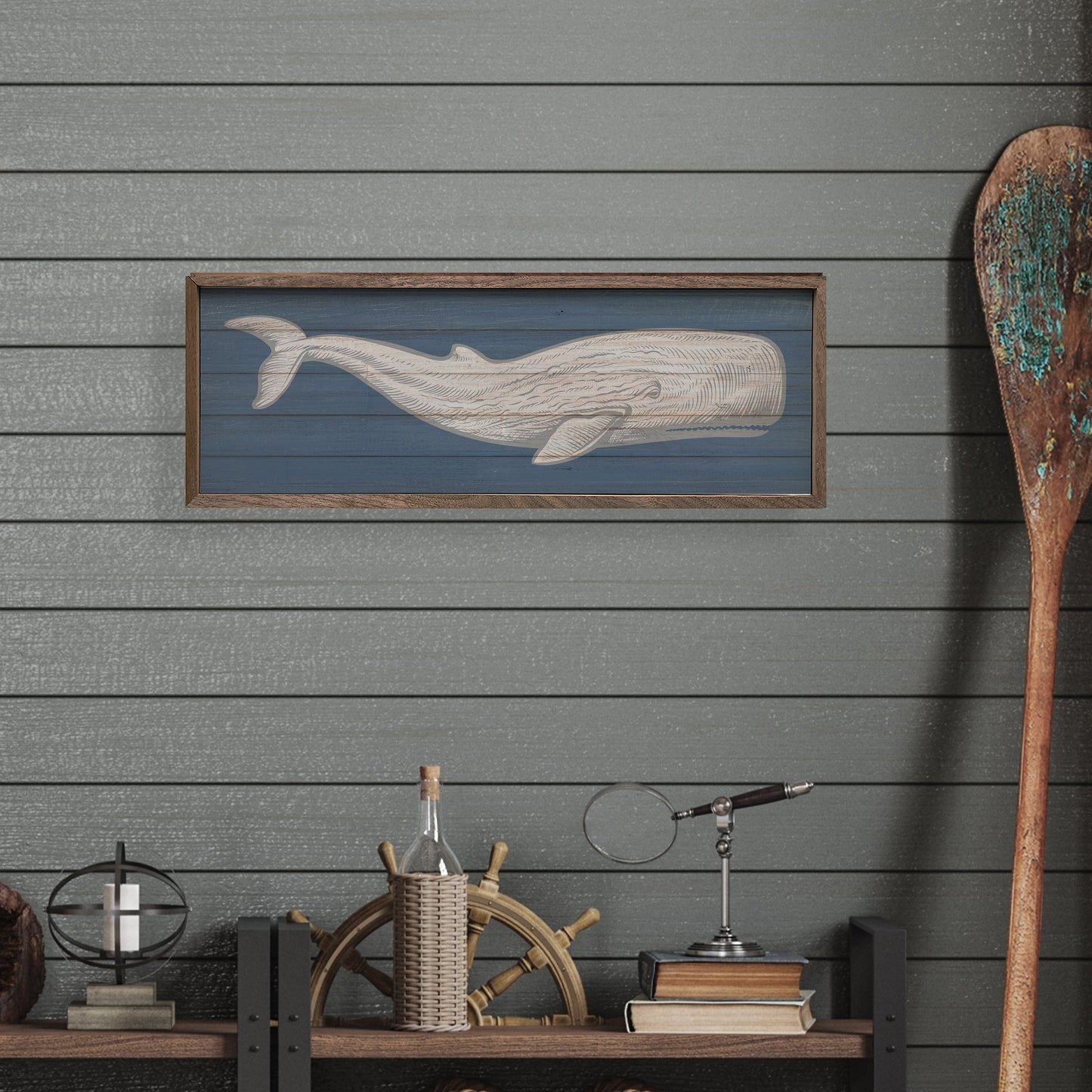 Whale Moby Dick Wall Art - Coastal Walnut Framed Hardwood Print, Beach House & Nautical Decor