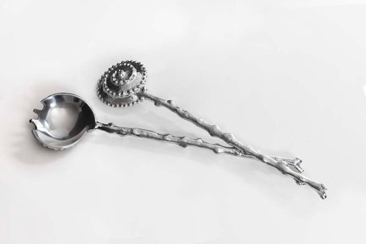 Aquos Salad Servers Pair - Coastal Handcrafted Recycled Aluminum Shell Pattern Salad Servers, Beach House Entertaining