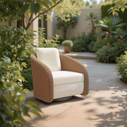 Solara ivory swivel chair styled on a garden patio surrounded by greenery