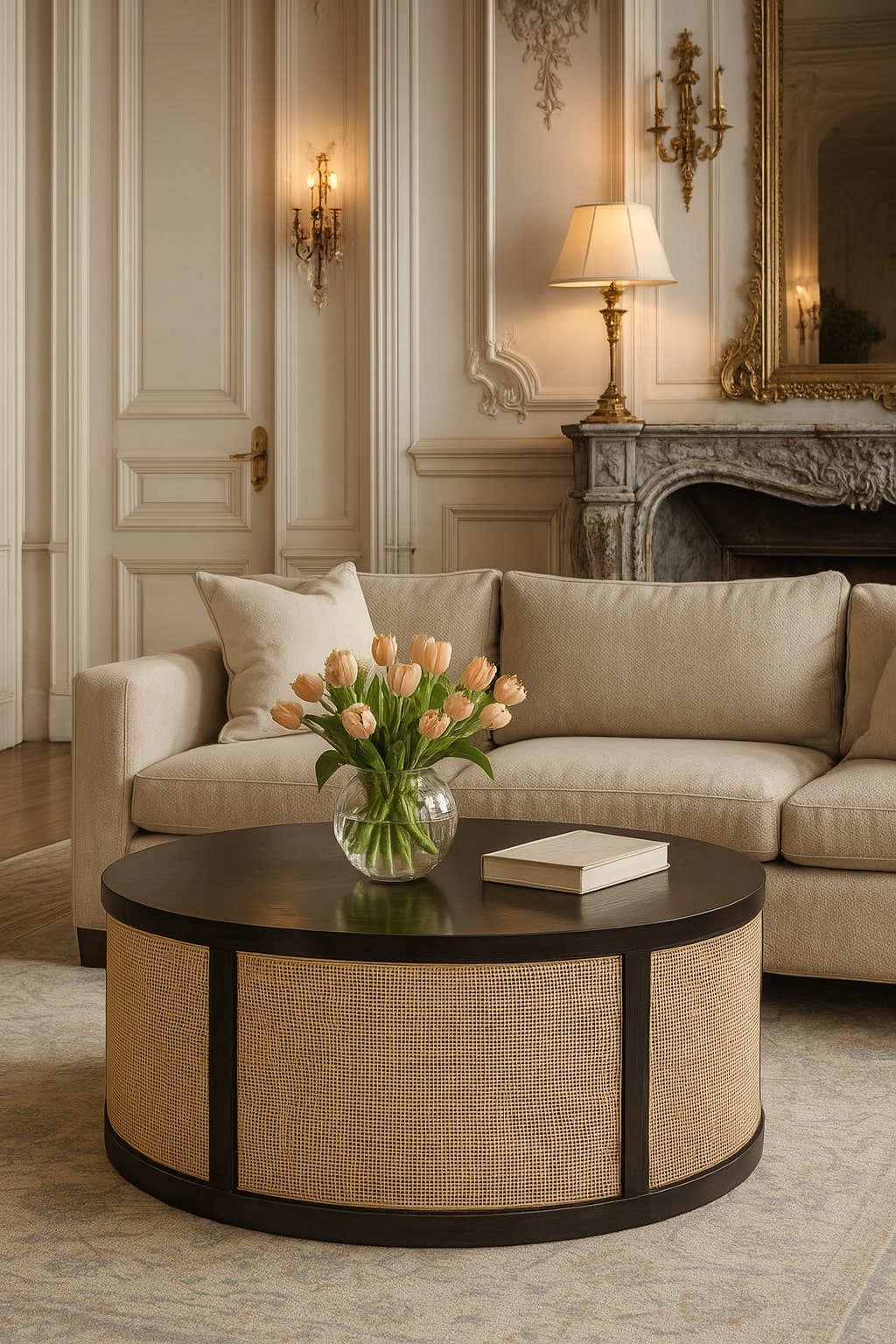 	Monaco wood and rattan coffee table styled with flowers and books in front of a neutral sofa