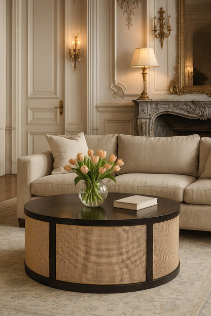 	Monaco wood and rattan coffee table styled with flowers and books in front of a neutral sofa