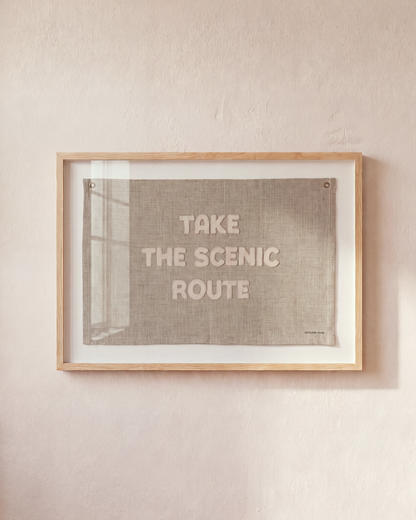 Take the Scenic Route embroidered sand-colored flag in a natural wood shadowbox frame