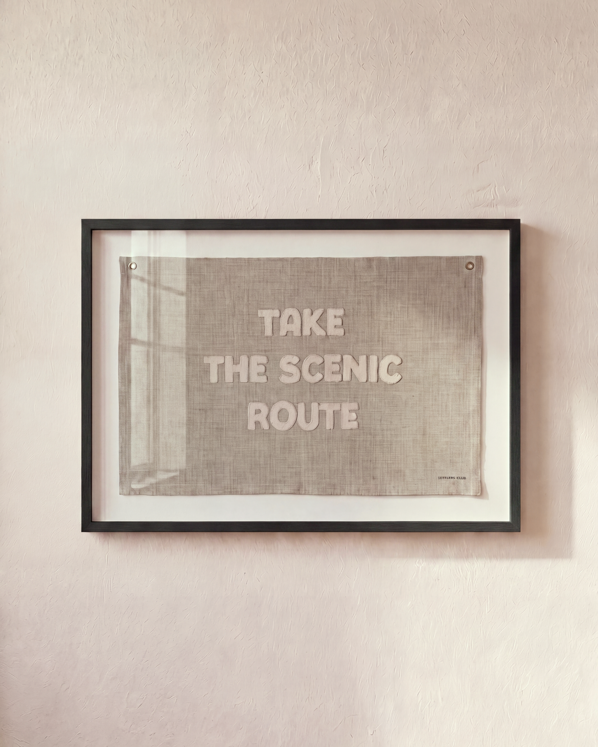 Take the Scenic Route sand-colored flag in a black shadowbox frame