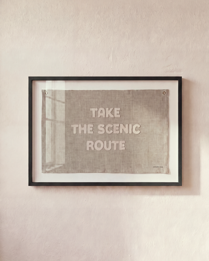 Take the Scenic Route sand-colored flag in a black shadowbox frame