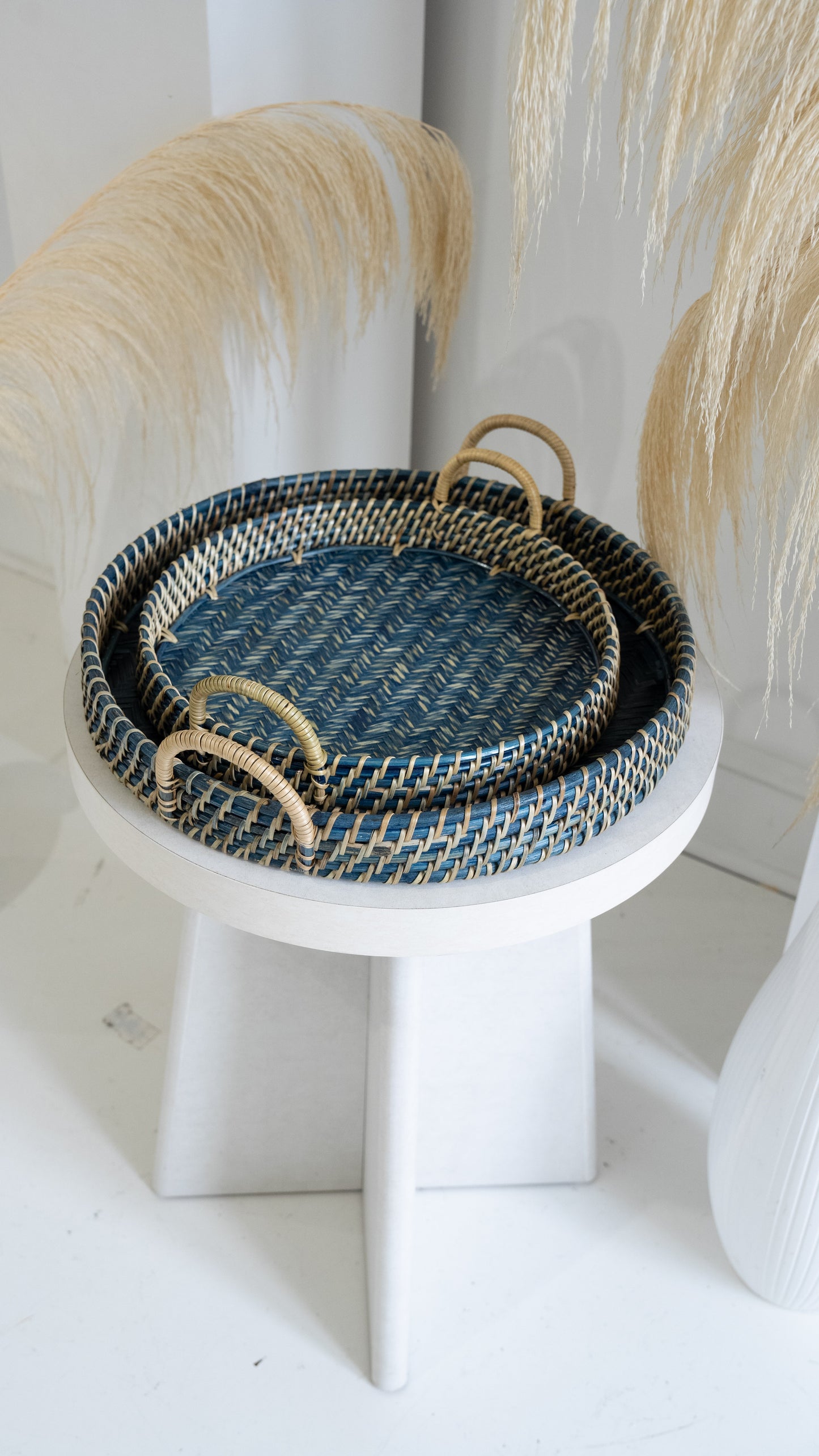 Round Rattan Tray in Navy Blue - Coastal Woven Decorative Tray, Beach House Entertaining