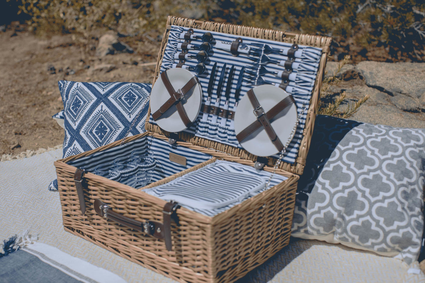 Belmont Picnic Basket for 4 - Coastal Willow Wicker Wine & Cheese Set with Cooler, Beach House Gift
