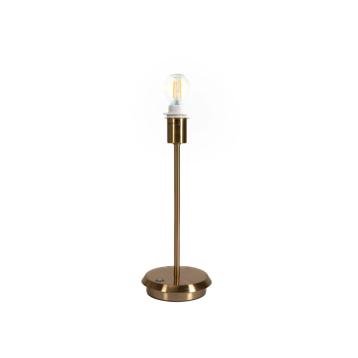 	Gold-finish lamp base with the LED bulb exposed and lampshade removed