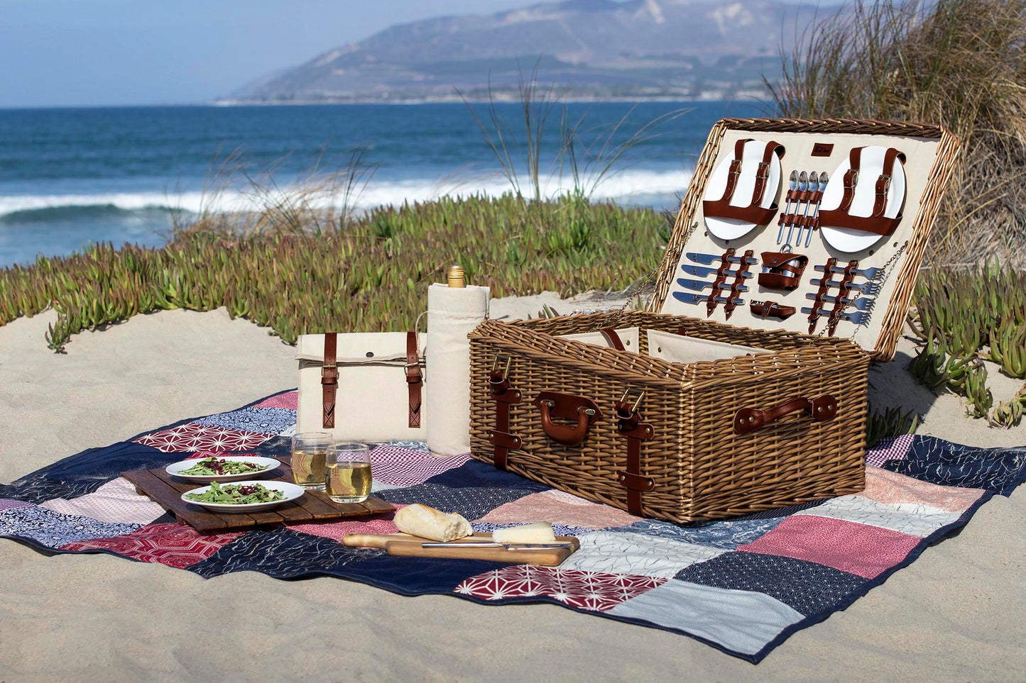 Charleston Luxury Picnic Basket for 4 - Coastal Heirloom Wicker Entertaining Set, Beach House Gift