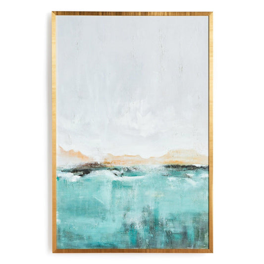 a painting with a wooden frame hanging on a wall