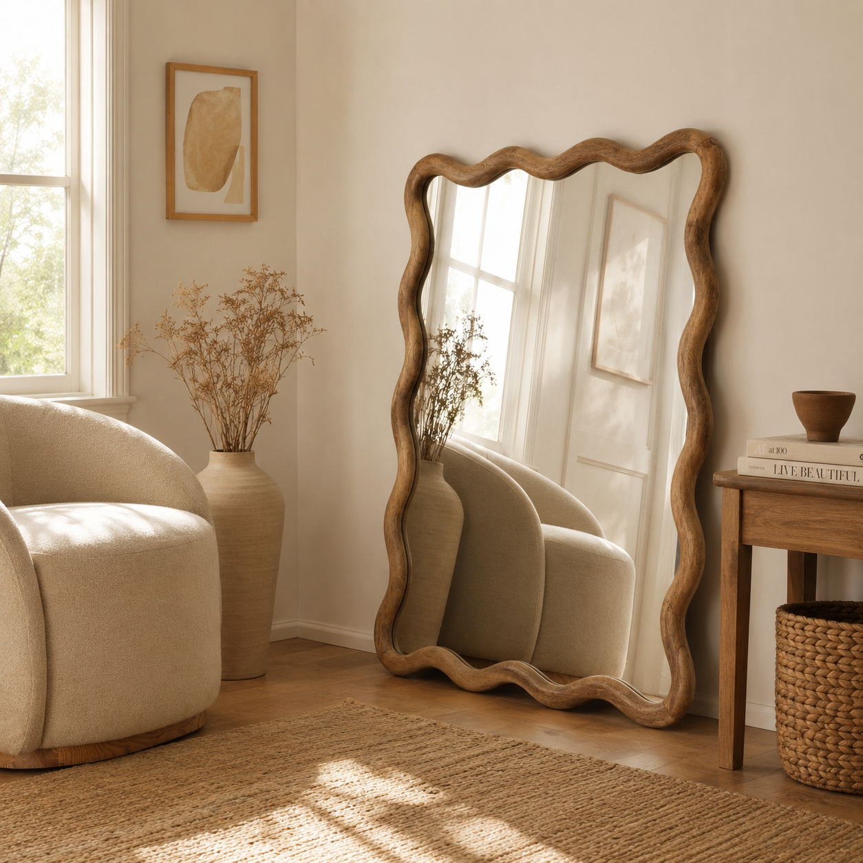 Wavy Scalloped Mango Wood Floor Mirror 36x48"