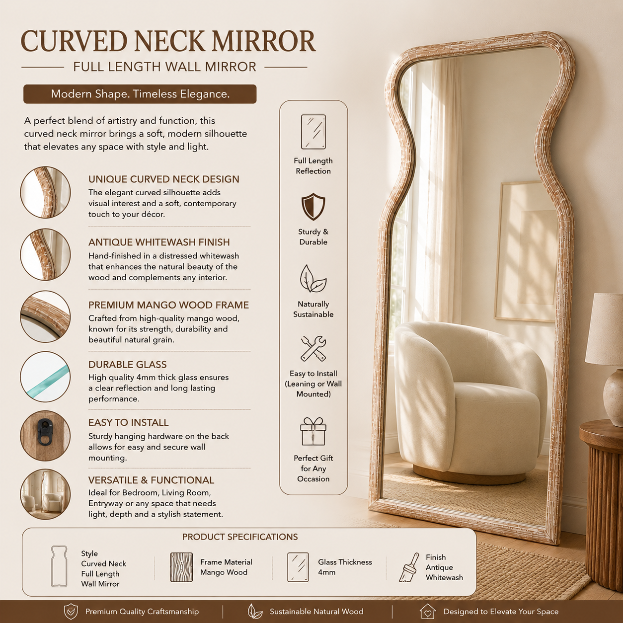 Decorative Full-Length Wall Mirror with Mango Wood Frame - Coastal Vase-Inspired Antique Whitewash Mirror, Beach House Decor