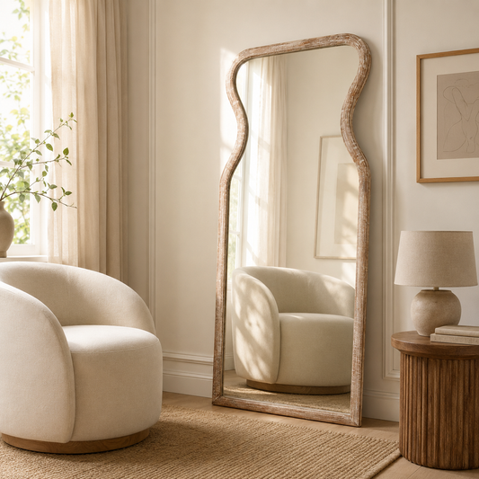 Decorative Full-Length Wall Mirror with Mango Wood Frame - Coastal Vase-Inspired Antique Whitewash Mirror, Beach House Decor