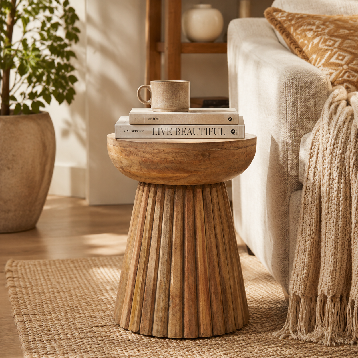 Hand Carved Mango Wood Accent Table Stool, 16x16x22"