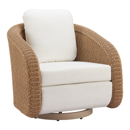 Angled front view of the Solara ivory swivel chair showing cushioned seating and woven arms