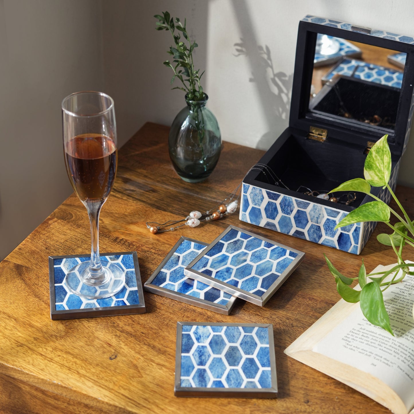 Gramercy Blue Bone Inlay Coasters – Set of 4