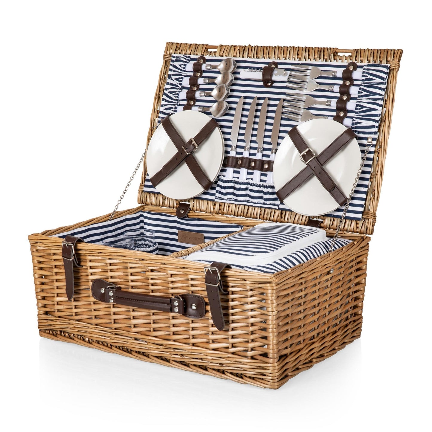 Belmont Picnic Basket for 4 - Coastal Willow Wicker Wine & Cheese Set with Cooler, Beach House Gift