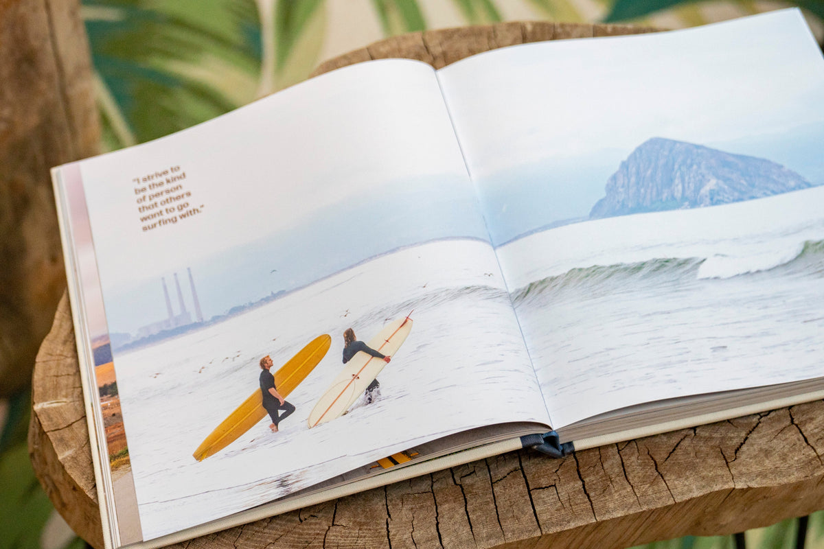 Surf Rides photo spread showing surfers carrying boards toward the ocean