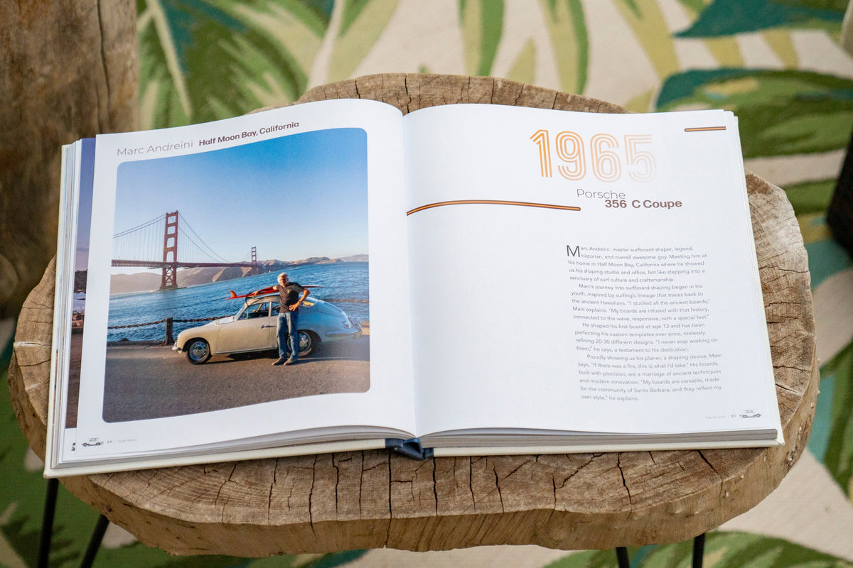 Surf Rides interior spread featuring a vintage car near the Golden Gate Bridge and accompanying text