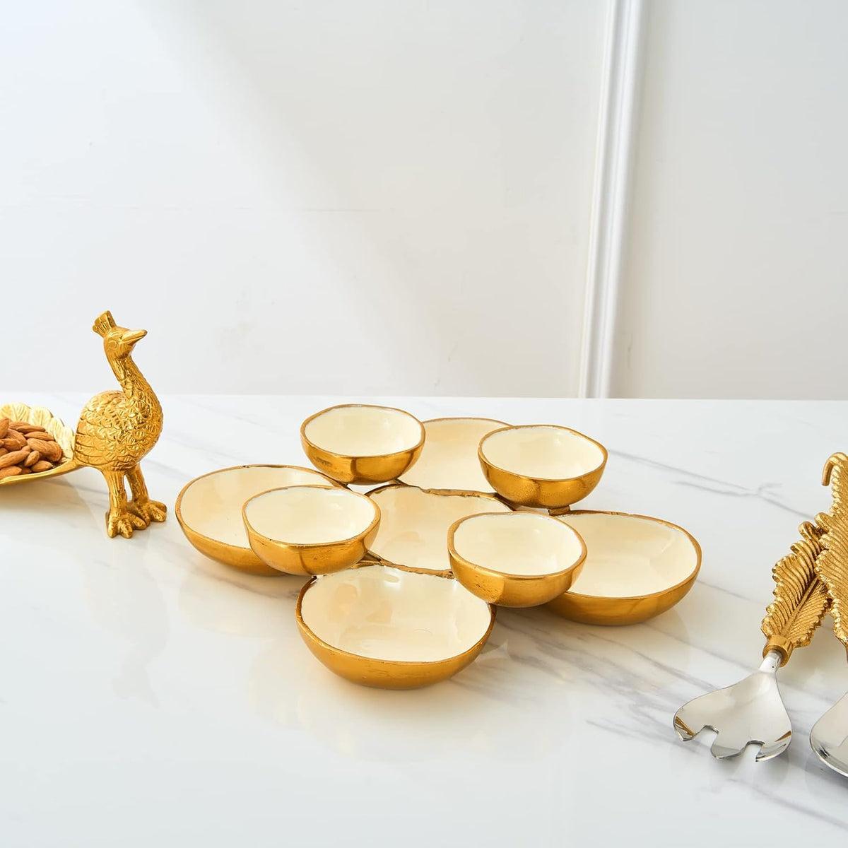 Nine round bowl appetizer serving tray in gold and white
