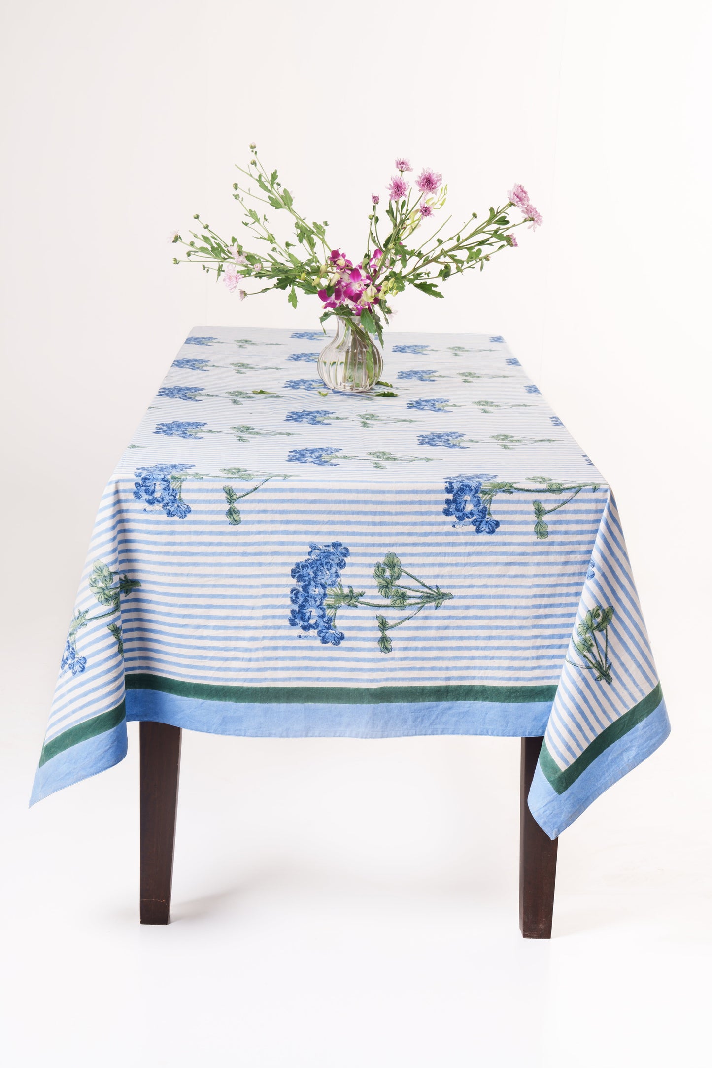Blue Hydrangea Blockprint Tablecloth - Coastal Artisan Cotton Table Linen, Beach House Dining