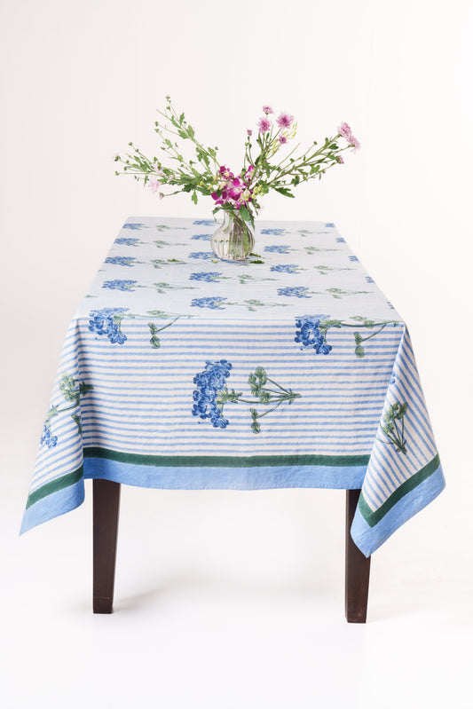 Blue Hydrangea Blockprint Tablecloth - Coastal Artisan Cotton Table Linen, Beach House Dining