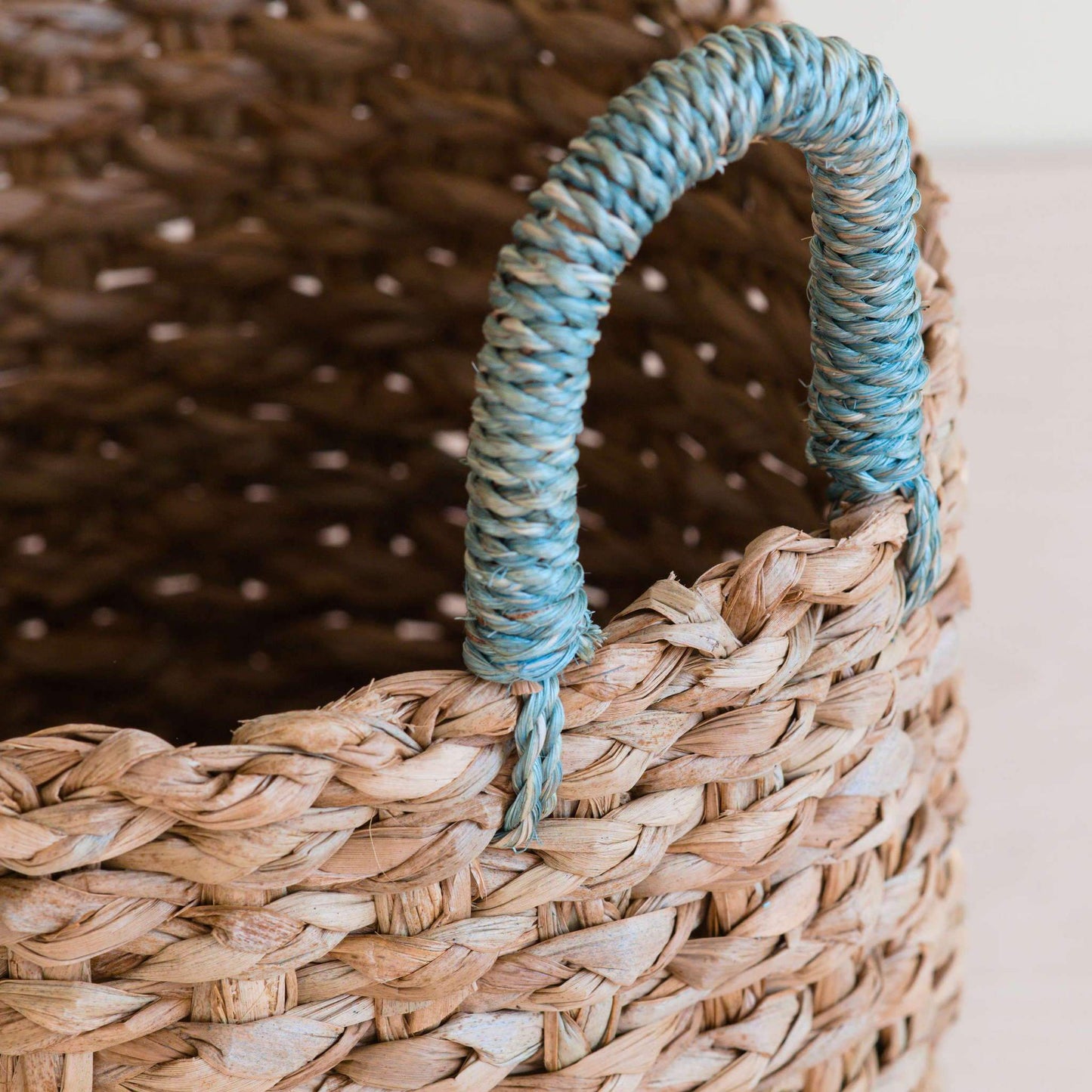 Seagrass Woven Baskets with Sky Blue Handles Set of 3 - Coastal Handwoven Seagrass Storage Baskets, Beach House Decor & Organization